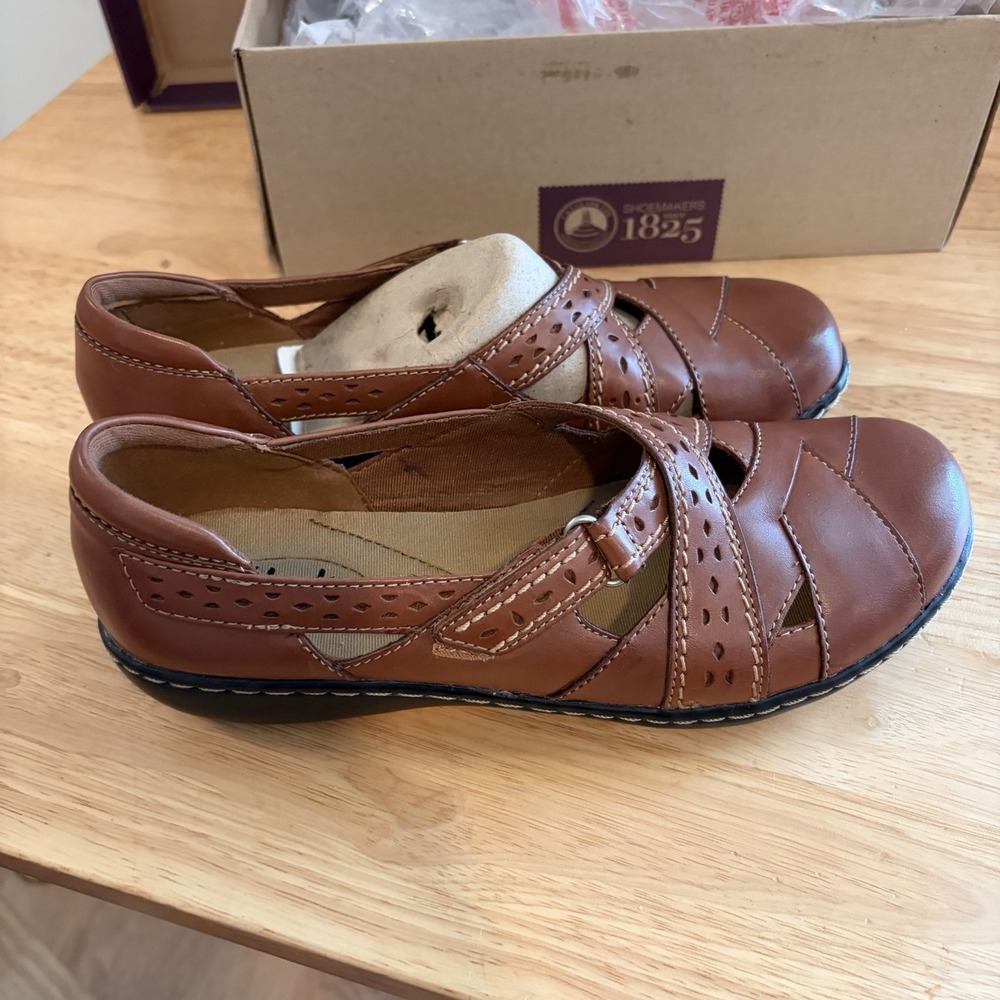 Clark Bendables Ashland Spin Brown Tan Leather 6.5m Adjust Comfort Cottagecore - Picture 3 of 6